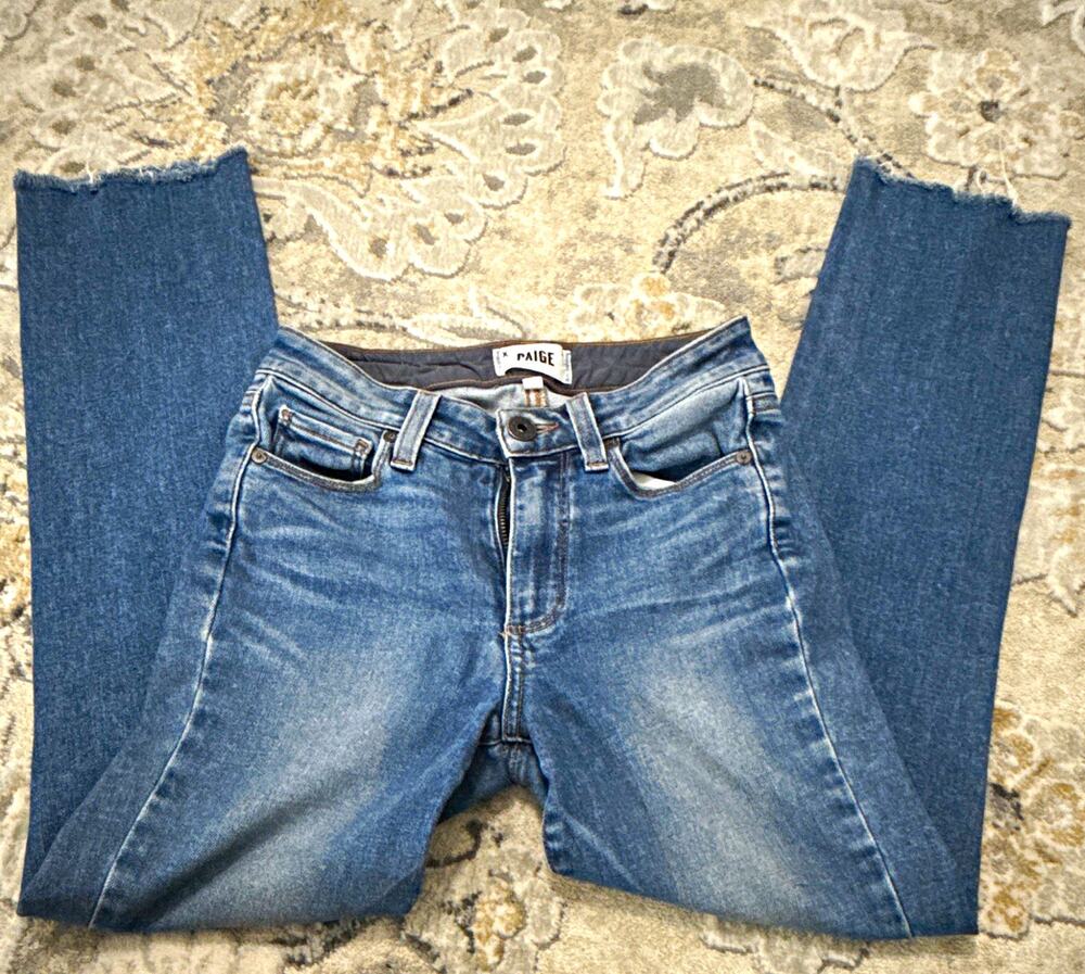 PAIGE Women’s Jacqueline Straight Jeans Blue Medium Wash Mid Rise Frayed Hem 23
